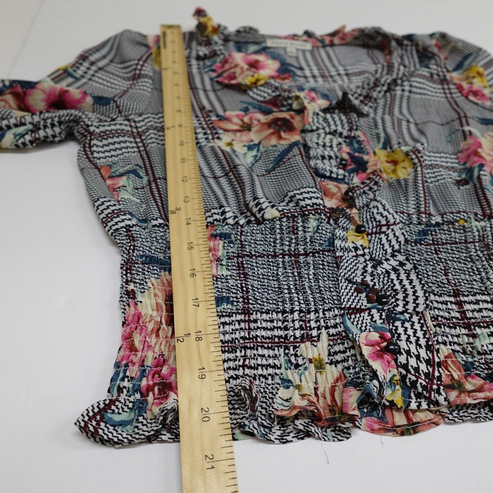 Haute Monde Floral Ruffle Trim Black White Houndstooth Printed Top Size Large - Picture 4 of 9